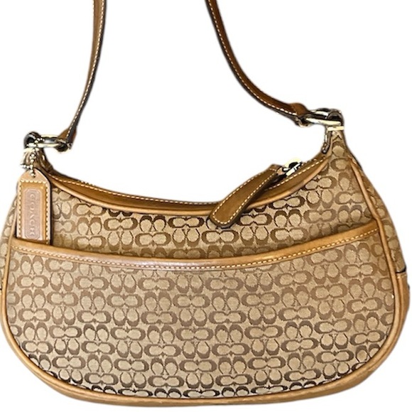 Coach Signature vintage Y2K Jacquard Small Shoulder Bag Tan Brown Leather Trim - Picture 2 of 5